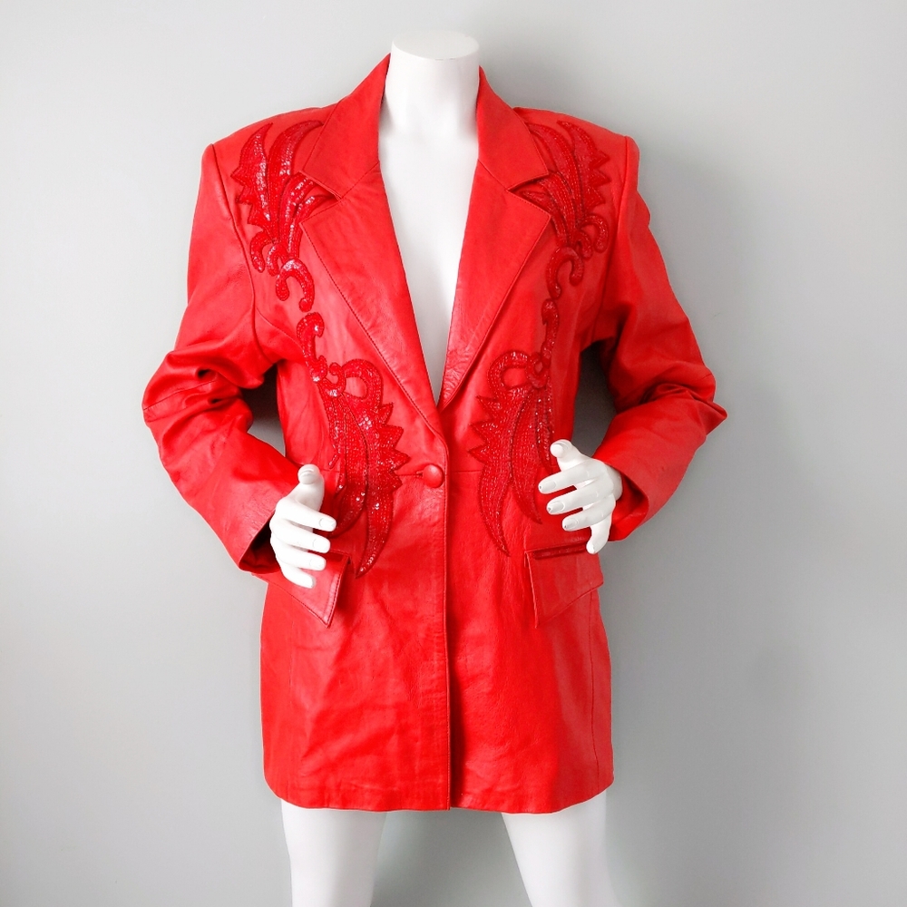Vtg Fire Red Sequined Leather Blazer Jacket L XL